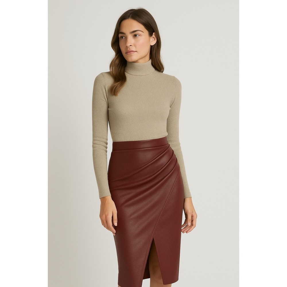 Commense‎ Pleated Split PU Leather Skirt midi Burgundy size M - Picture 4 of 5